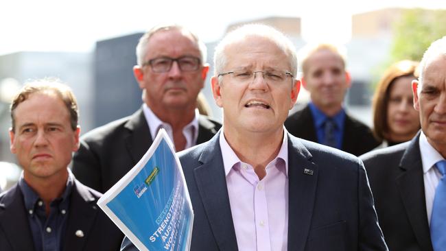 Scott Morrison and Greg Hunt during a press conference today. Picture Gary Ramage