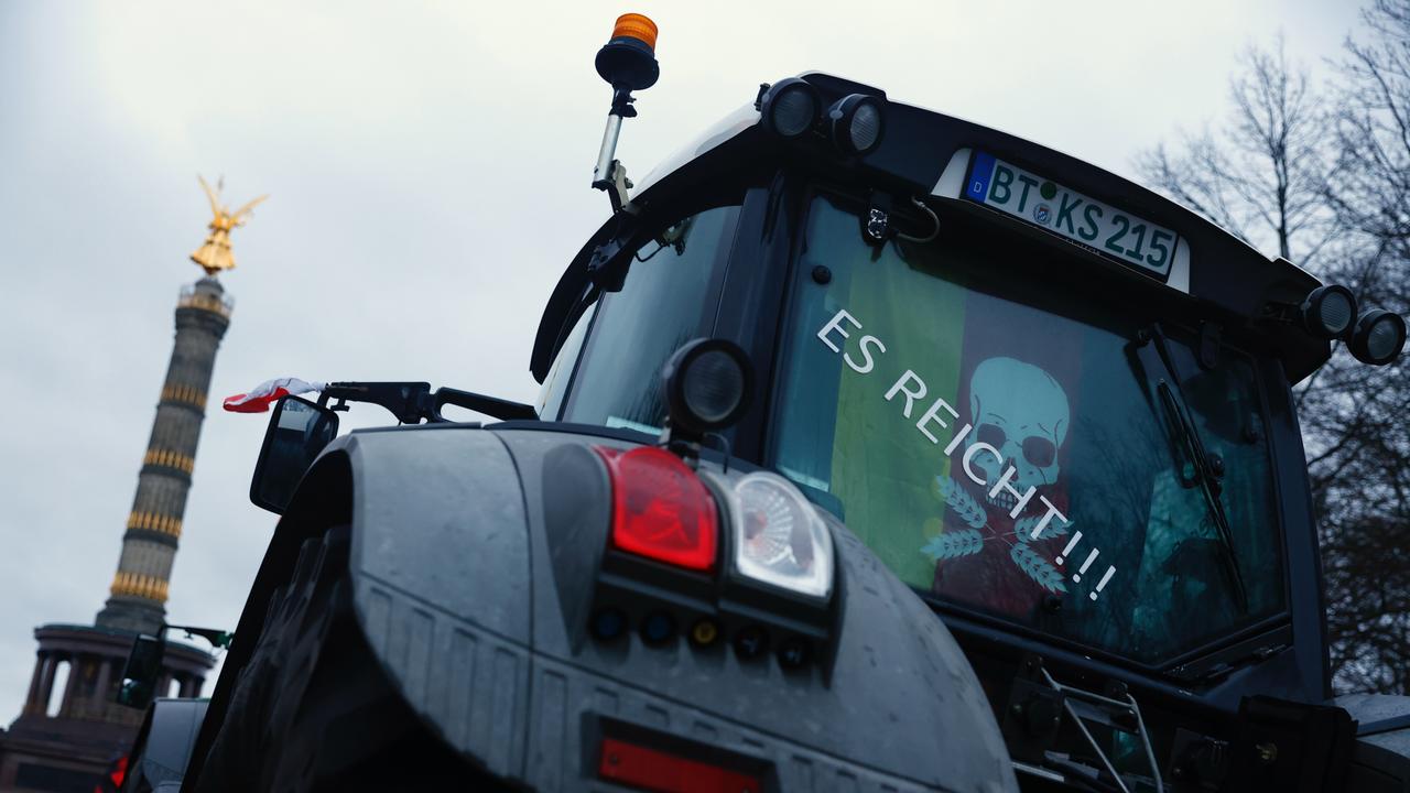 A tractor in front of the Victory Column with the slogan: “That’s enough!!!” Picture: Michele Tantussi/Getty Images