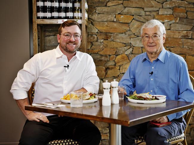 Australian businessman Dick Smith and journalist Lachlan Leeming eat steak sandwiches at Sandstone Cafe in Terrey Hills. Picture: Sam Ruttyn