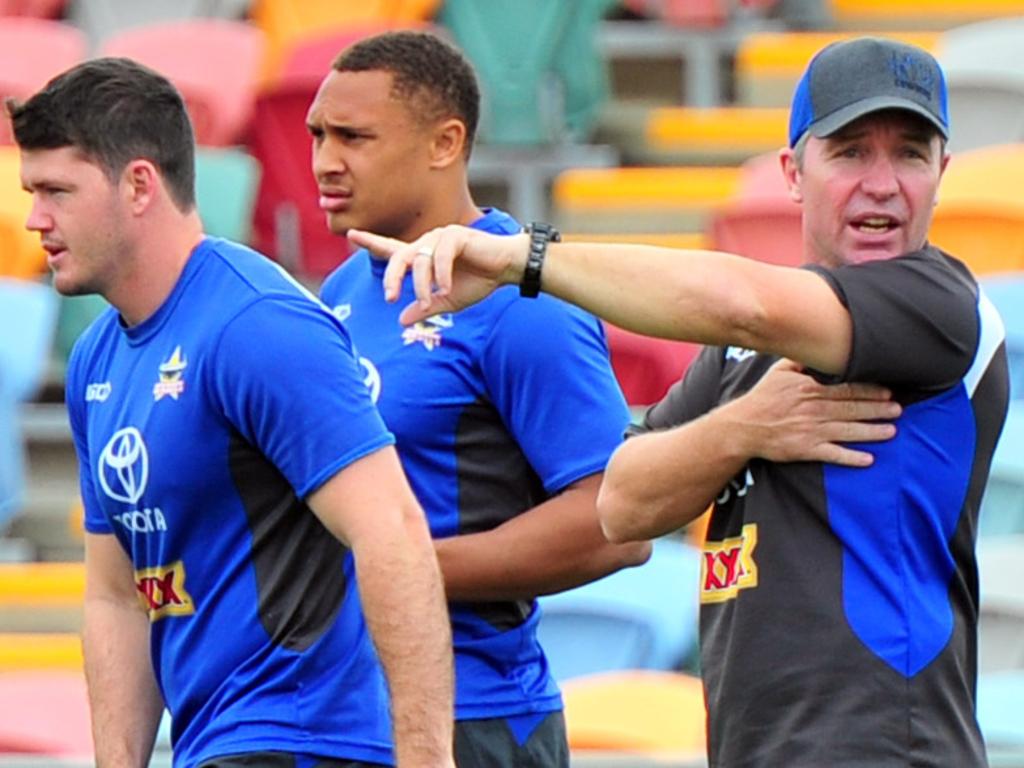 NQ Cowboys training at 1300 Smiles Stadium before their home game against the Bulldogs. Coach Paul Green, Lachlan Coote, and Ray Thompson. Picture: Wesley Monts