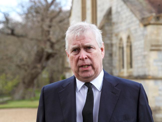 Prince Andrew speaks outside the Royal Chapel of All Saints in Windsor after the death of Prince Philip. Picture: AFP