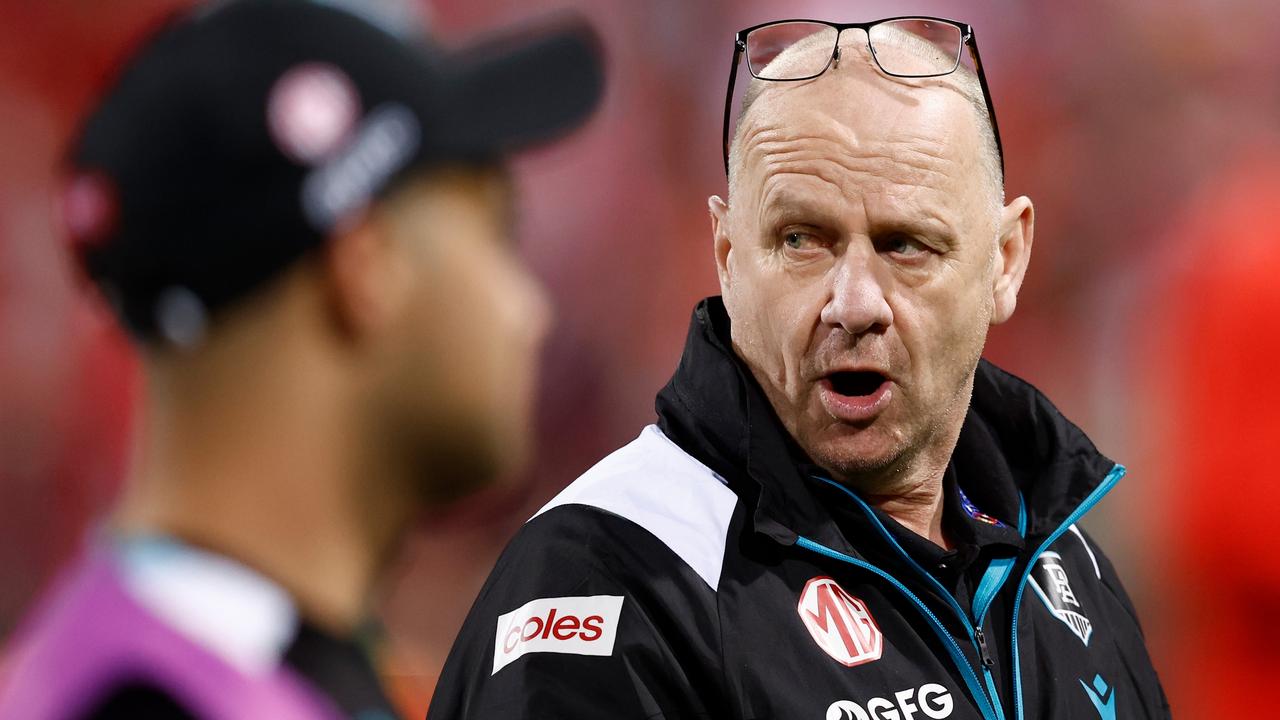 SYDNEY, AUSTRALIA - SEPTEMBER 20: Ken Hinkley, Senior Coach of the Power looks on during the 2024 AFL First Preliminary Final match between the Sydney Swans and the Port Adelaide Power at The Sydney Cricket Ground on September 20, 2024 in Sydney, Australia. (Photo by Michael Willson/AFL Photos via Getty Images)