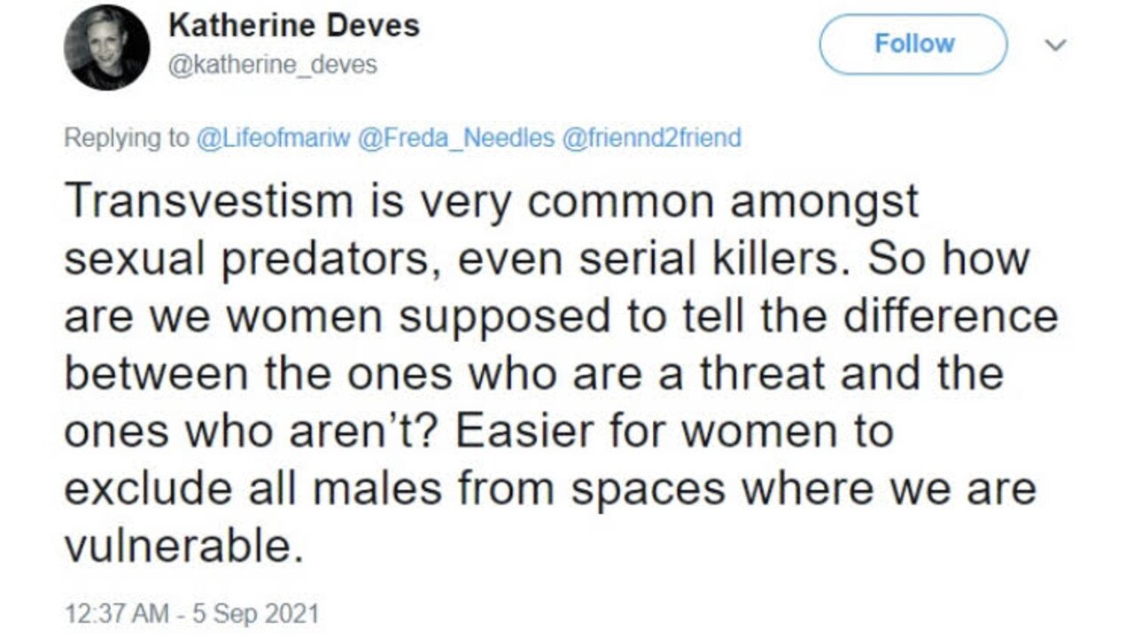 Liberal candidate for Warringah, Katherine Deves, tried to link cross dressing men to serial killers in a deleted tweet unearthed by news.com.au