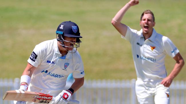 David Warner is knocked over by Sam Rainbird cheaply at Drummoyne Oval.