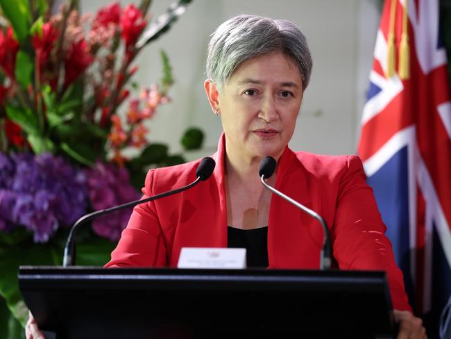 AUCKLAND, NEW ZEALAND - DECEMBER 06: Penny Wong, Minister for Foreign Affairs of Australia, speaks to the media at Government House on December 06, 2024 in Auckland, New Zealand. This is the second edition of the meetings, which are intended to solidify defence and foreign relations between Australia and New Zealand as the region faces renewed tensions with Chinese influence in the Pacific remaining a key concern. (Photo by Fiona Goodall/Getty Images)