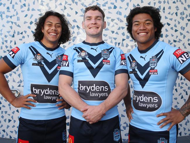 Brydens Lawyers NSW Blues State of Origin team photo at Coogee Surf Club this morning ahead of this year's competition. Pictured is (left) Jerome Luai, Liam Martin and Brian To'o. Picture: David Swift