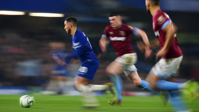 Too fast, too skilful ... Eden Hazard goes on the attack against West Ham. Picture: Getty Images
