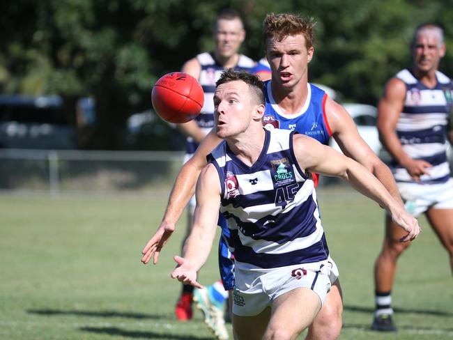 Lachlan Fanning keeps his eye on the ball in the AFL Cairns seniors match between Centrals Trinity Beach Bulldogs and Port Douglas Crocs, held at Crathern Park, Trinity Beach. Picture: Brendan Radke