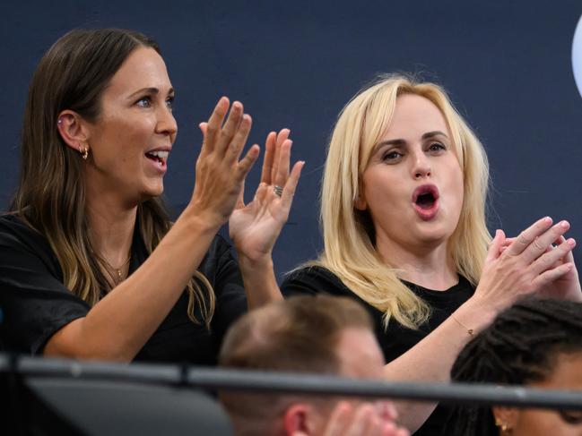 Bec Hewitt and Rebel Wilson watching the United Cup in Sydney. Picture: James Gourley