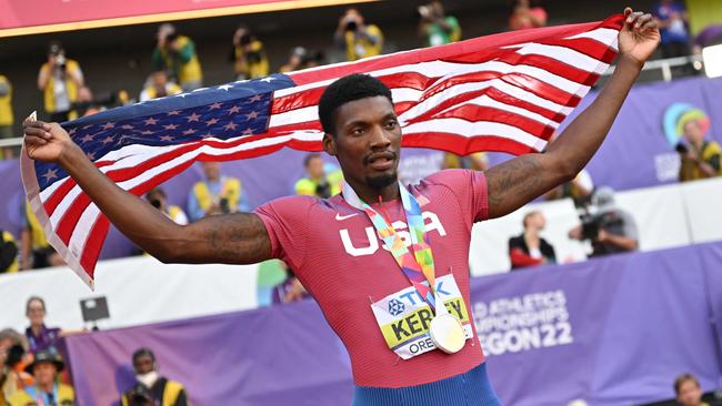 Gold medallist USA's Fred Kerley celebrates winning the 100m at the world athletics championships. (Photo by ANDREJ ISAKOVIC / AFP)