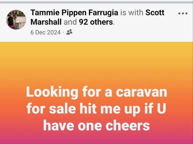 A Facebook post made by Tammie Farrugia on 6 December 2024 asking for a caravan. Picture: Facebook/Tammie Pippen Farrugia