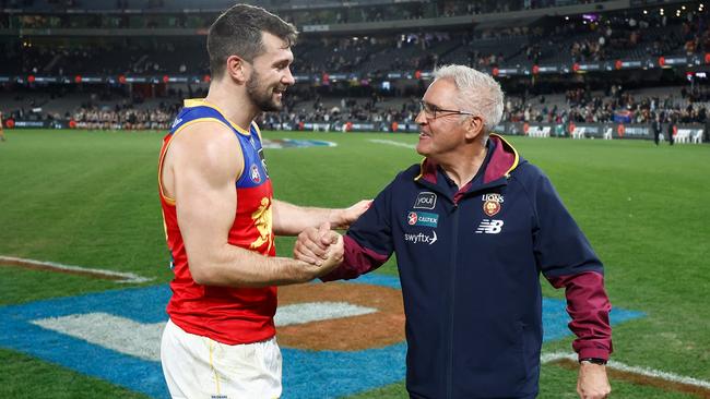 Brisbane coach Chris Fagan (right) believes his side is well placed to flourish in the cauldron of finals footy this year. Picture: Michael Willson/AFL Photos via Getty Images