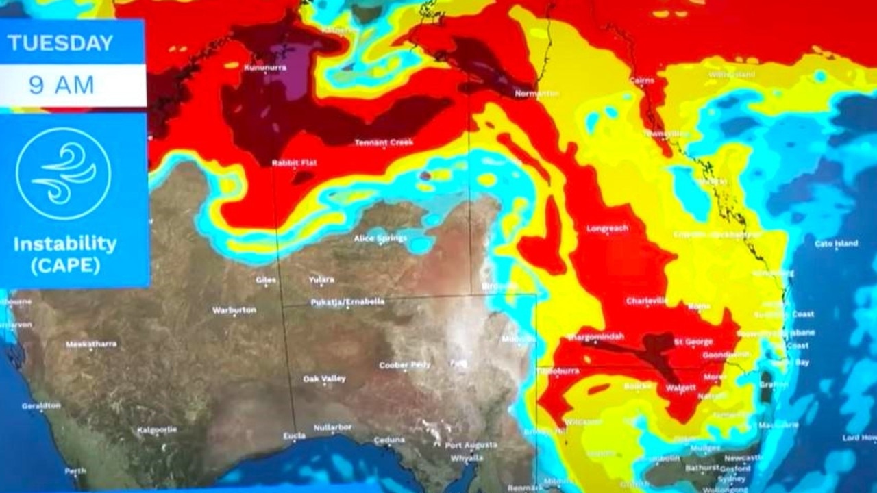 The Bureau of Meteorology has mapped the instability of the conditions of eastern Australia (above) and found there is large amounts of energy and furl for thunderstorms. Picture: BOM.