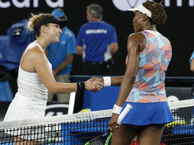 Belinda Bencic and Venus Williams after their first-round match. Picture: David Caird