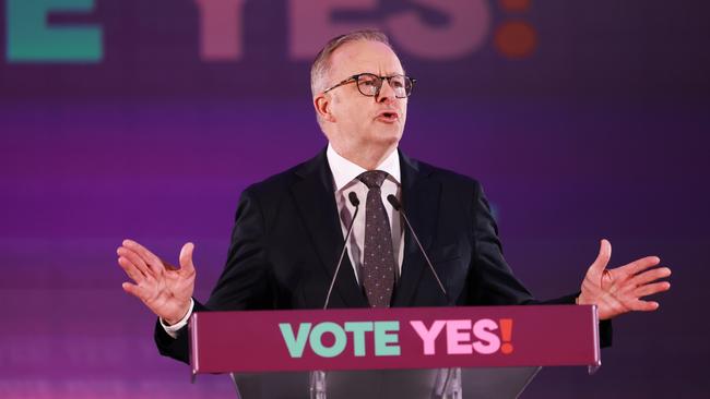 Anthony Albanese speaks at the Yes campaign launch on August 30, 2023 in Adelaide. Picture: James Elsby/Getty Images