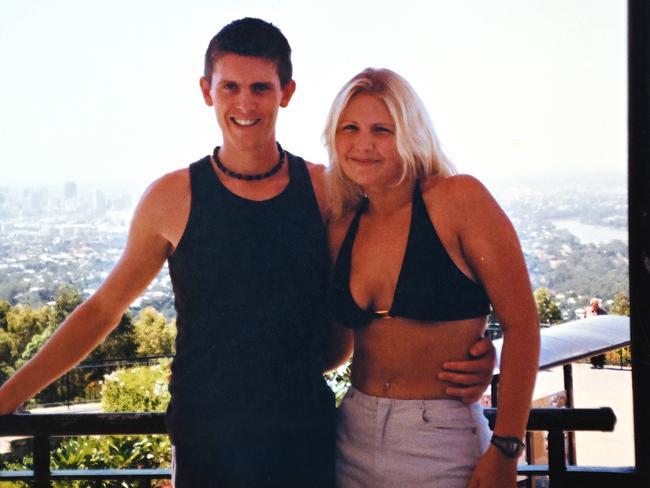 Lee Lovell and future wife Emma on a backpacking holiday in 2002 at Brisbane’s Mt Coot-tha