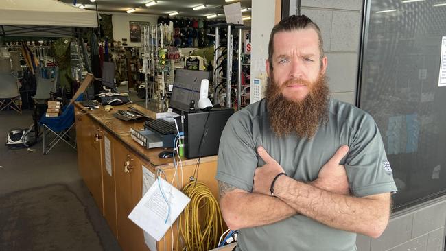 Mitchells Adventure assistant manager Billy Armitstead said about $15,000 of weapons was stolen from the store during an alleged break-in on Friday morning. Picture: Riley Walter