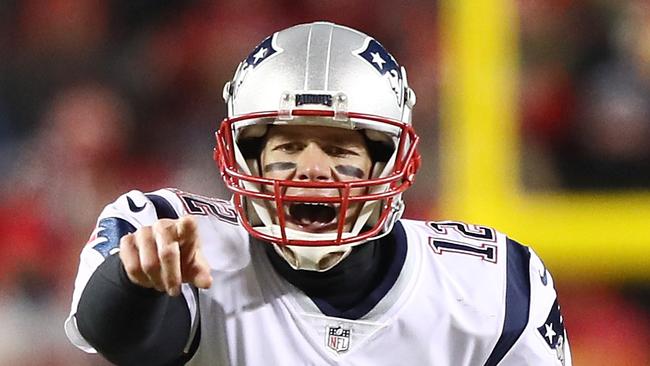 KANSAS CITY, MISSOURI - JANUARY 20: Tom Brady #12 of the New England Patriots gestures at the line in the second half against the Kansas City Chiefs during the AFC Championship Game at Arrowhead Stadium on January 20, 2019 in Kansas City, Missouri. Jamie Squire/Getty Images/AFP == FOR NEWSPAPERS, INTERNET, TELCOS &amp; TELEVISION USE ONLY ==