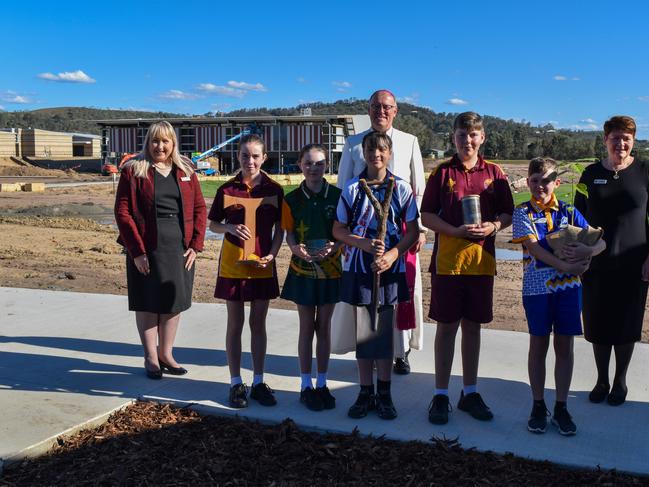 Left to right: Sophia College Principal Mrs Narelle Dobson, students Samantha Haley, Addison O'Connell, Ruby Qualischefski, Reverend Ken Howell (behind), Darius Kebbell (first student), Matthew Rasell and Ms Pam Betts