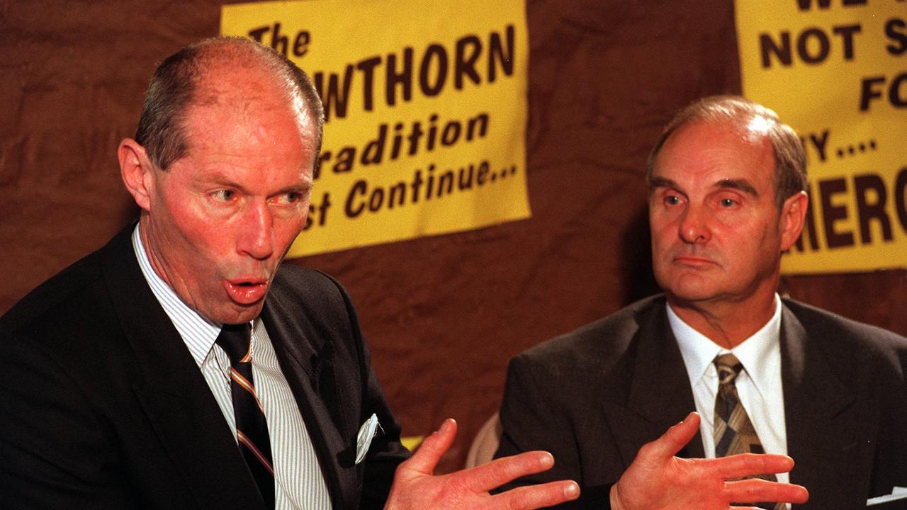 Don Scott and Ian Dicker lead the charge against Hawthorn’s merger.