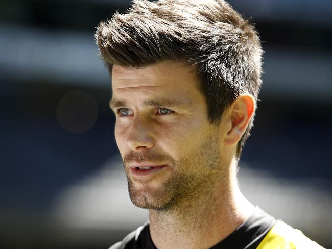 MELBOURNE, AUSTRALIA - MARCH 10: Trent Cotchin of the Tigers speaks to the media during the 2021 AFL Captains Day at Marvel Stadium on March 10, 2021 in Melbourne, Australia. (Photo by Dylan Burns/AFL Photos via Getty Images)