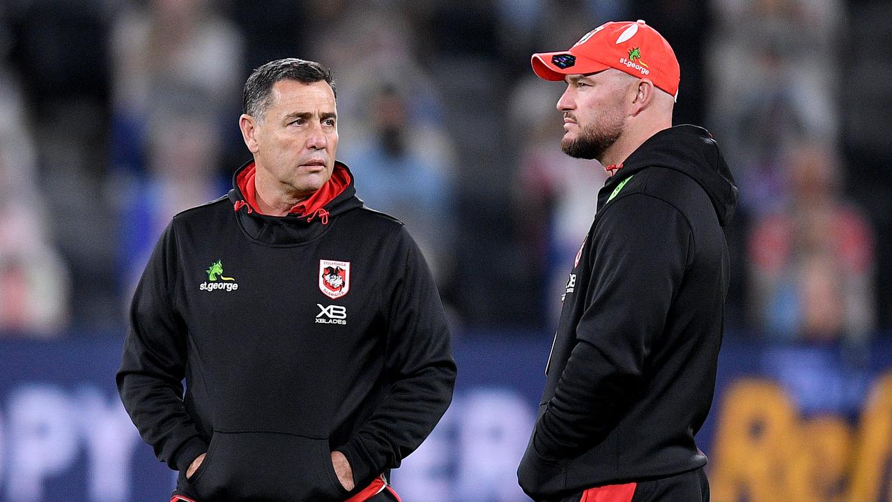 Dragons assistant coaches Shane Flanagan (left) and Dean Young are seen on the field ahead of the Round 7 NRL Match between the Sydney Roosters the St George Illawarra Dragons at Bankwest Stadium in Sydney, Friday, June 26, 2020. (AAP Image/Dan Himbrechts) NO ARCHIVING, EDITORIAL USE ONLY