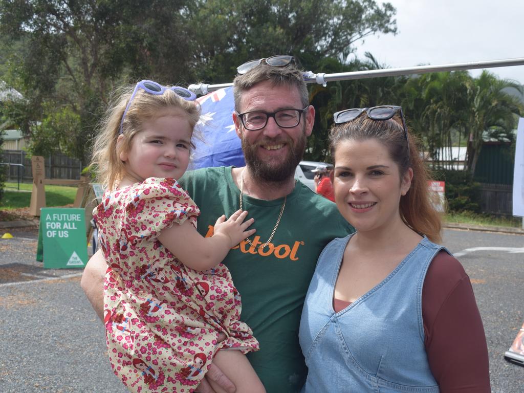 Ariana Mawer, 3, Jack and Karissa Mawer shared what motivated them at the Capricornia polling booth on May 3, 2025. Pic: Gabriel Garcia