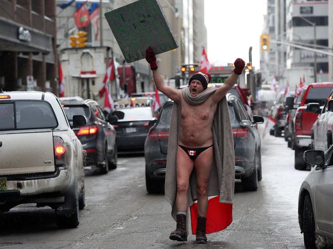 A protester yells as demonstrators continue to protest the Covid-19 mandates in Ottawa, Canada. Picture: Dave Chan / AFP