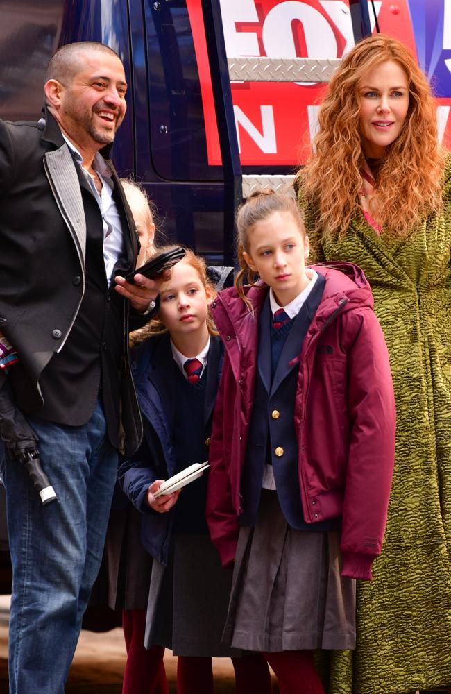 Faith Margaret Kidman Urban, Sunday Rose Kidman Urban and Nicole Kidman seen filming on location for The Undoing on the Upper East Side in New York City. Picture: GC Images