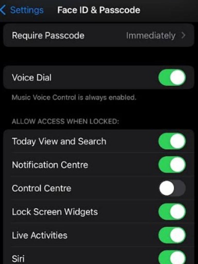 Toggle on ‘Control Centre’ to stop access to aeroplane mode without a Face ID. Picture: news.com.au