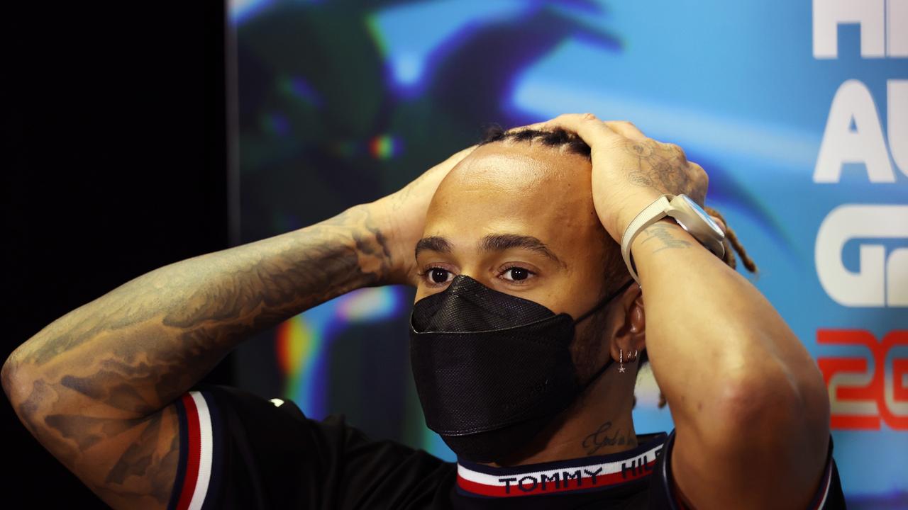 MELBOURNE, AUSTRALIA - APRIL 08: Lewis Hamilton of Great Britain and Mercedes talks in the Drivers Press Conference prior to practice ahead of the F1 Grand Prix of Australia at Melbourne Grand Prix Circuit on April 08, 2022 in Melbourne, Australia. (Photo by Robert Cianflone/Getty Images)