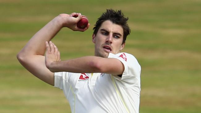 NORTHAMPTON, ENGLAND - AUGUST 15: Pat Cummins of Australia bowls during day two of the tour match between Northamptonshire and Australia at The County Ground on August 15, 2015 in Northampton, England. (Photo by Ryan Pierse/Getty Images)