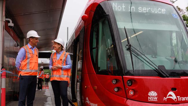 Transport NSW secretary Josh Murray and NSW Transport Minister Jo Haylen during a test ride on the new Parramatta Light rail, at Dundas, in April. Picture: Justin Lloyd.