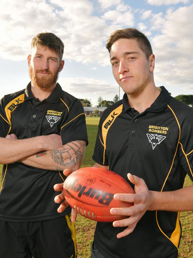 Brighton captain Will Rivers and Sam Kennedy will face off against Golden Grove on Saturday for the Division Three premiership. Picture: Morgan Sette/AAP.