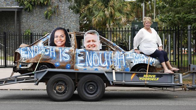 With Cairns set to record over 1000 cars stolen in one calendar year, anti crime campaigner Perri Conti has taken a burnt out car, placed it onto a trailer and is driving it around the suburbs of Cairns. Picture: Brendan Radke