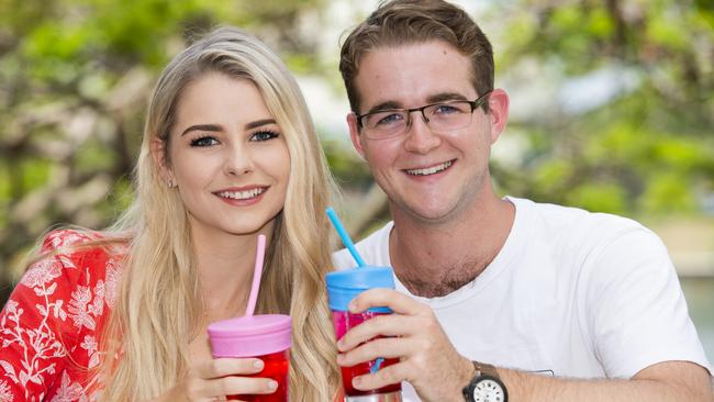 Bond University business students Rosanna Relton and Johnny Henwood have created a silicone cover for Schoolies to prevent drink spiking. Picture: supplied