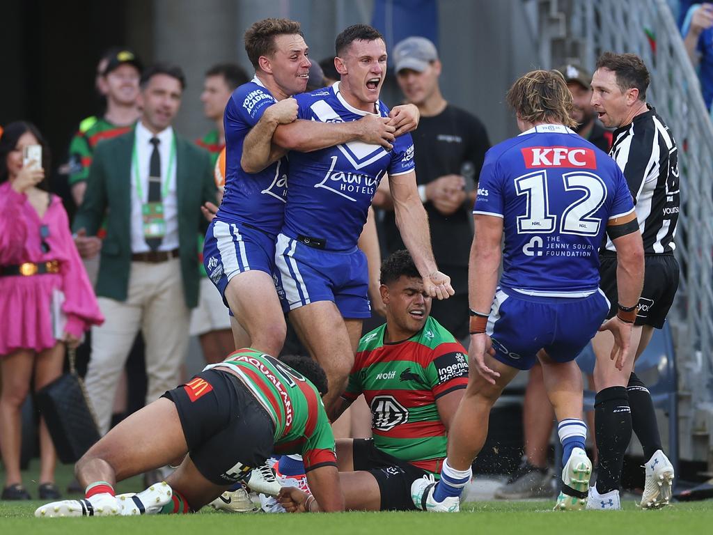 Connor Tracey celebrates putting the Bulldogs in the lead for the first time. Photo: Cameron Spencer/Getty Images