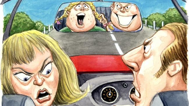 Highway to hell ... long car trips with children can tax everyone’s patience. Illustration by JOE BENKE