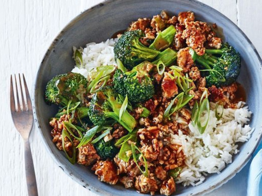 Pork stir-fry with broccoli.