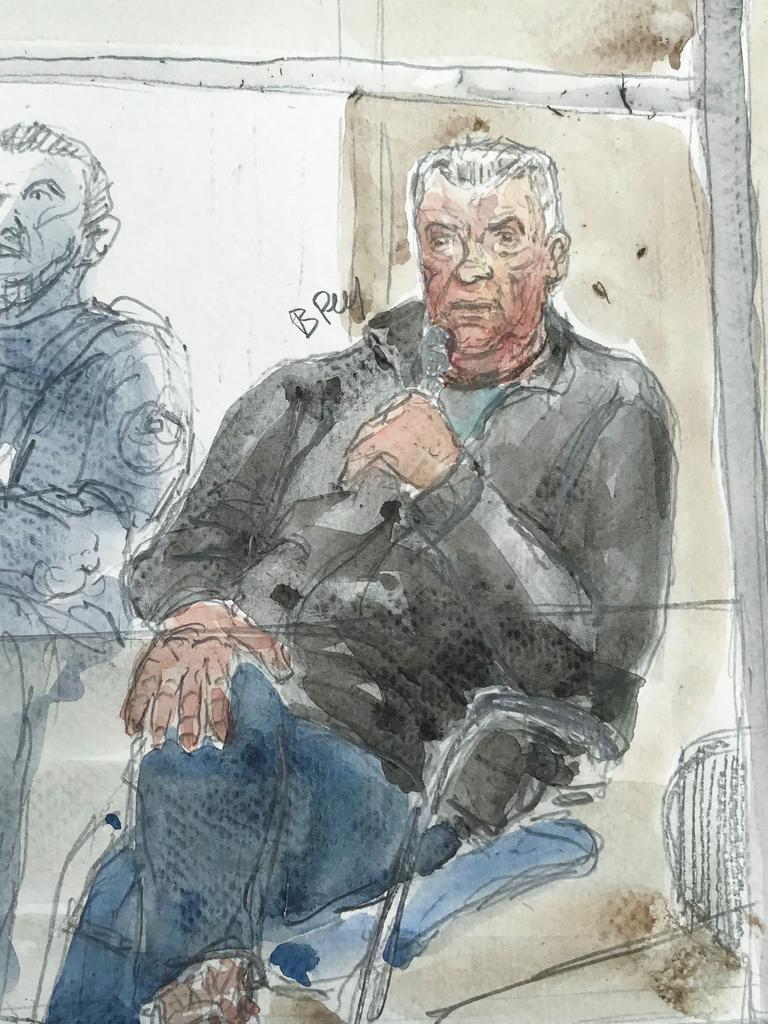 Dominique Pelicot covered his eyes in the dock as the footage was played. Court sketch: Benoit Peyruq/ AFP