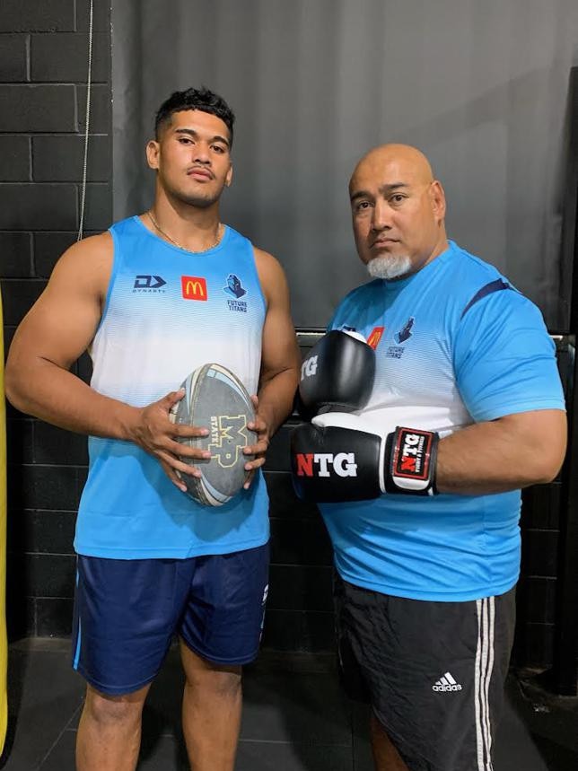 Titans youngster Alex Leapai Jnr and his father Alex Snr. NRL Imagery