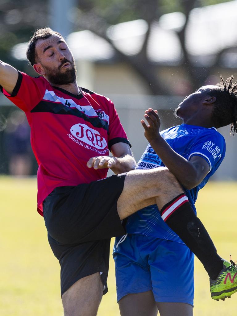 Emilio Masson (left) of Chinchilla Bears and Fidele Muhumure of Rockville Rovers in Div 1 Men FQ Darling Downs Presidents Cup football at West Wanderers, Sunday, July 24, 2022. Picture: Kevin Farmer