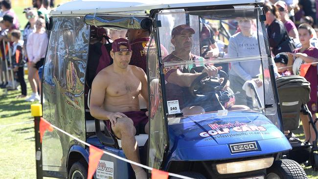 Billy Slater taken from the field injured during a Queensland Maroons State of Origin training session on Sunday.