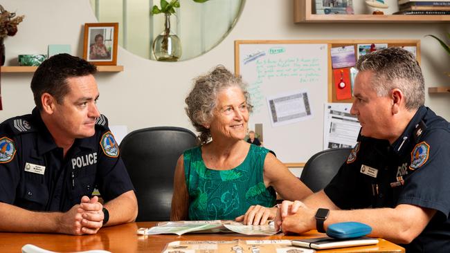 Maggie Dobbin with Acting Senior Sergeant Xavier McMahon and Superintendent Brendan Muldoon who were part of the team who found her after two nights lost in Litchfield National Park. Picture: Che Chorley.