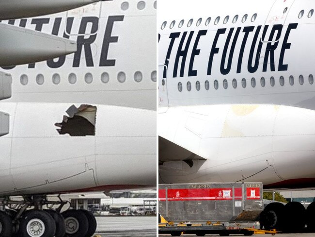 The plane arrived in Brisbane with a gaping hole Saturday night that appeared fixed by Sunday afternoon.