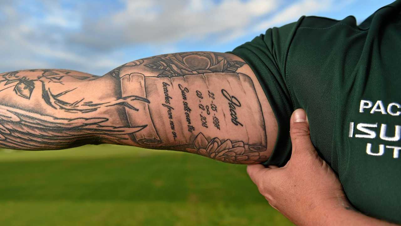 The Coast rugby community was rocked when popular player Jacob Mabb was killed in Bali in a motorbike crash. Rugby player and mate Aaron Parry pays tribute with a tattoo. Picture: Patrick Woods