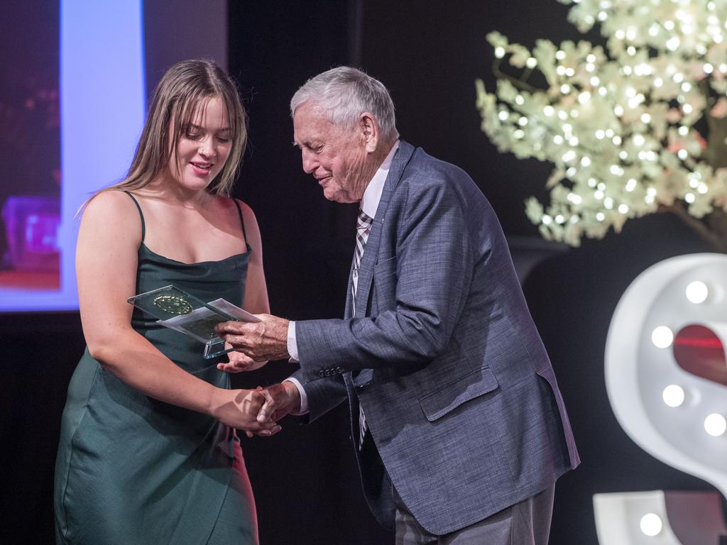 Emma Stevens received the Senior Rising Star award from Clive Berghofer Land Sales. Sports Darling Downs Sports Stars of the Year dinner. Saturday, February 11, 2023. Picture: Nev Madsen.