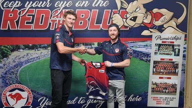 Daron McElroy (left) with star West Gambier recruit Andrew Stone. Picture: West Gambier Football Club