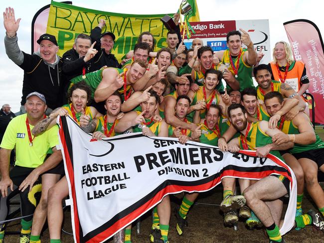 Bayswater celebrates the 2016 grand final triumph. Picture: Steve Tanner