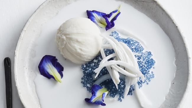 Sago butterfly pea and coconut ice cream with young coconut is a new dessert. 